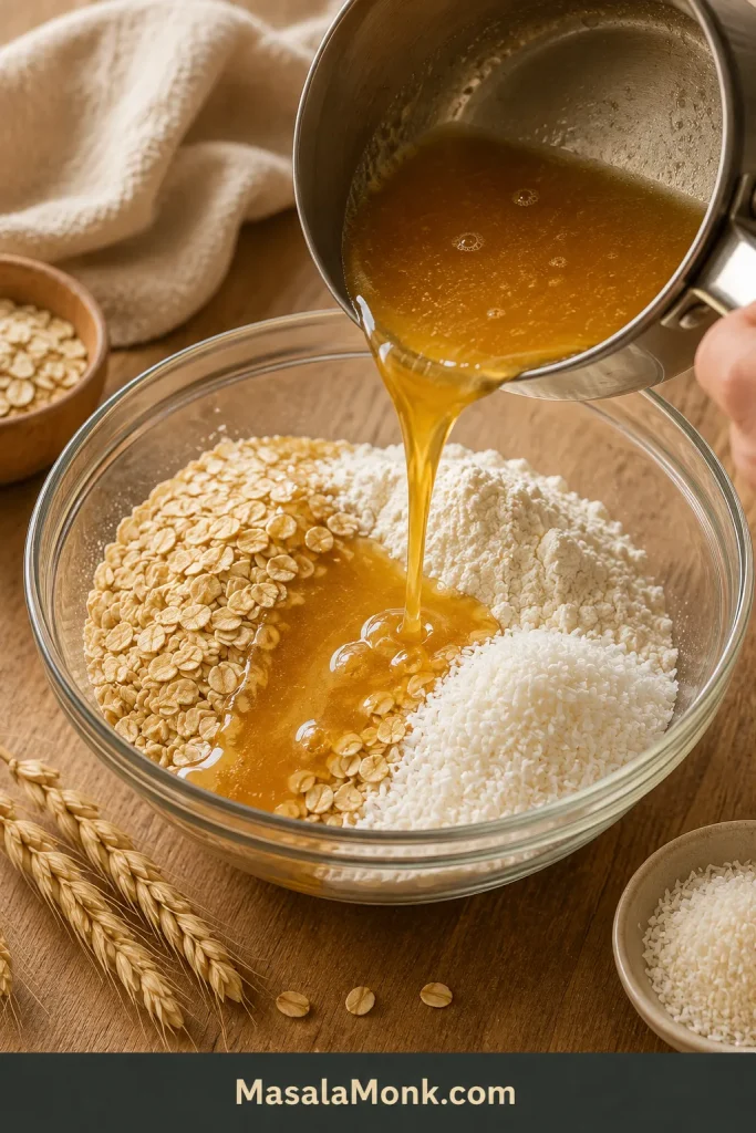 Warm butter and golden syrup mixture being poured into oats, flour and coconut in a bowl.