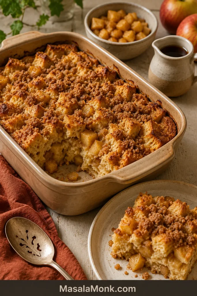 Apple-cinnamon French toast casserole with small cooked apple pieces visible inside the bread and in a plated serving.