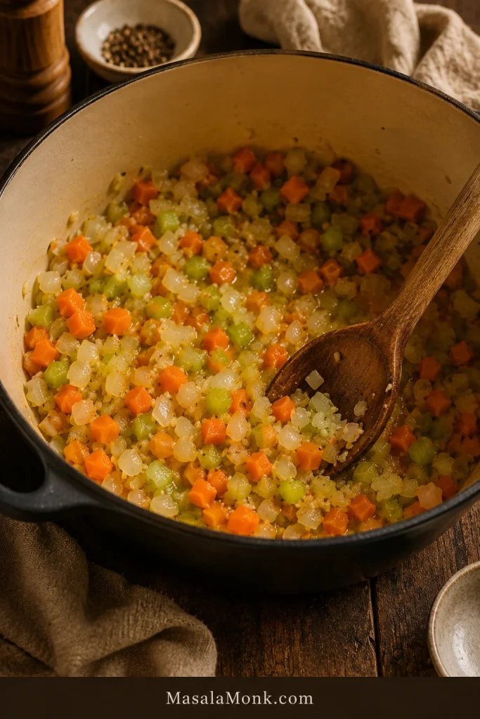 Chopped onion, carrot, celery, and garlic softening in a pot.