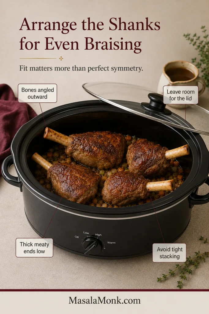 Four browned lamb shanks fitted into an oval slow cooker with bones angled outward and room for the lid.