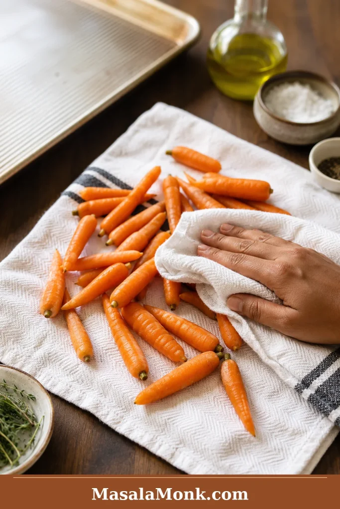 Raw baby carrots being dried on a kitchen towel before roasting, with a sheet pan and seasonings nearby.