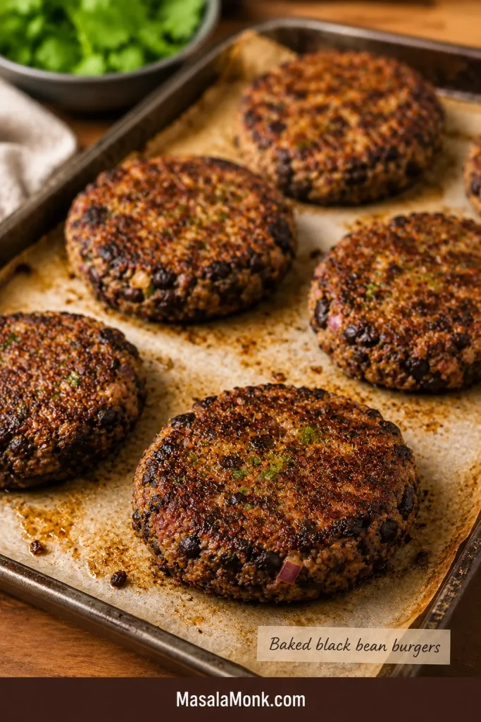 Black bean burger patties on a parchment-lined baking sheet with browned tops and a small label for baked black bean burgers.