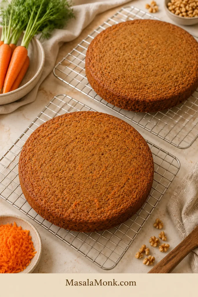 Two baked round carrot cake layers cooling on wire racks with carrots, grated carrots, walnuts, and linen nearby.