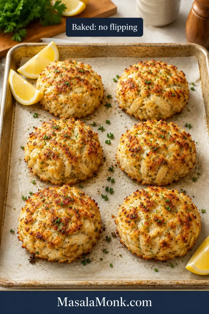 Baked crab cakes on a parchment-lined sheet pan with lightly browned tops.