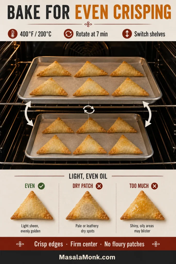 Two trays of triangle crab rangoons baking on different oven shelves, with arrows showing tray rotation, shelf switching and different levels of oil coverage.