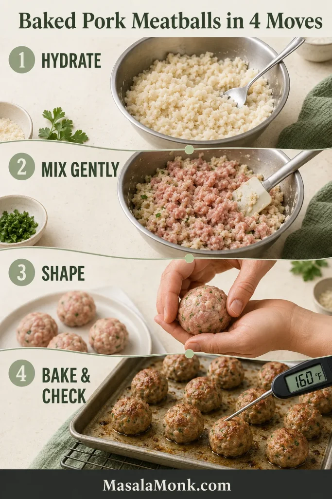 Four-step visual guide showing panko being hydrated, ground pork being mixed gently, meatballs being shaped, and baked meatballs checked with a thermometer.