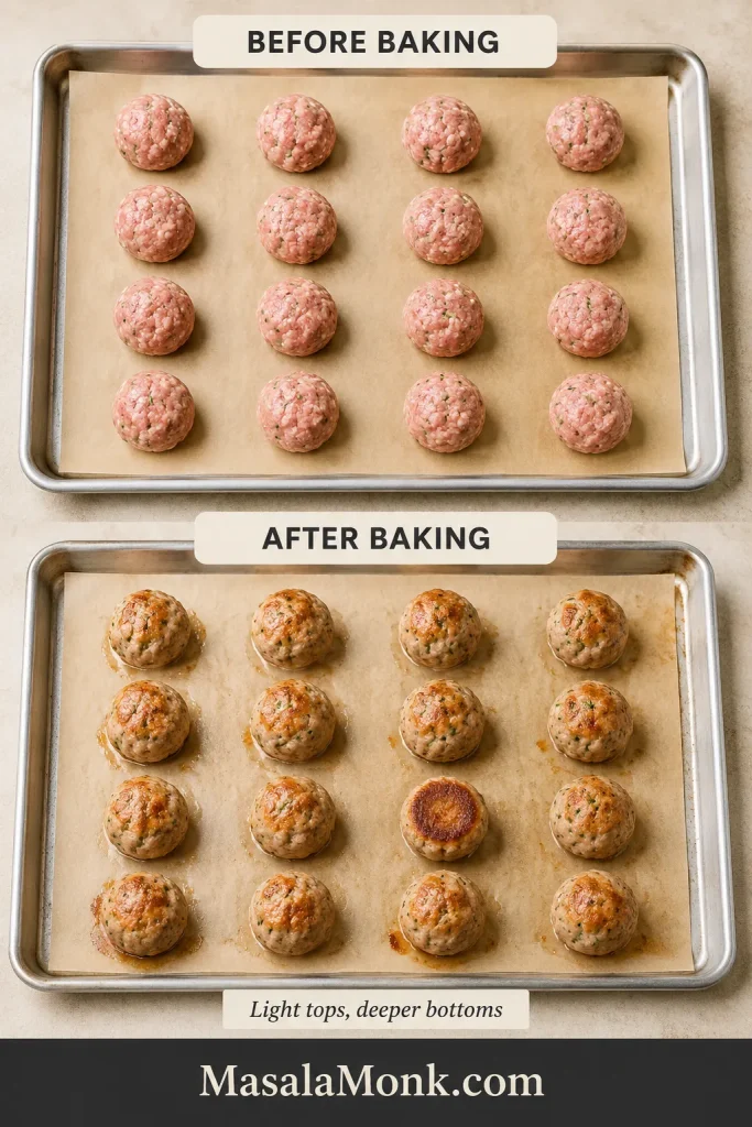 Before-and-after sheet pans showing sixteen raw pork meatballs before baking and sixteen baked meatballs with browned bottoms and lightly colored tops.