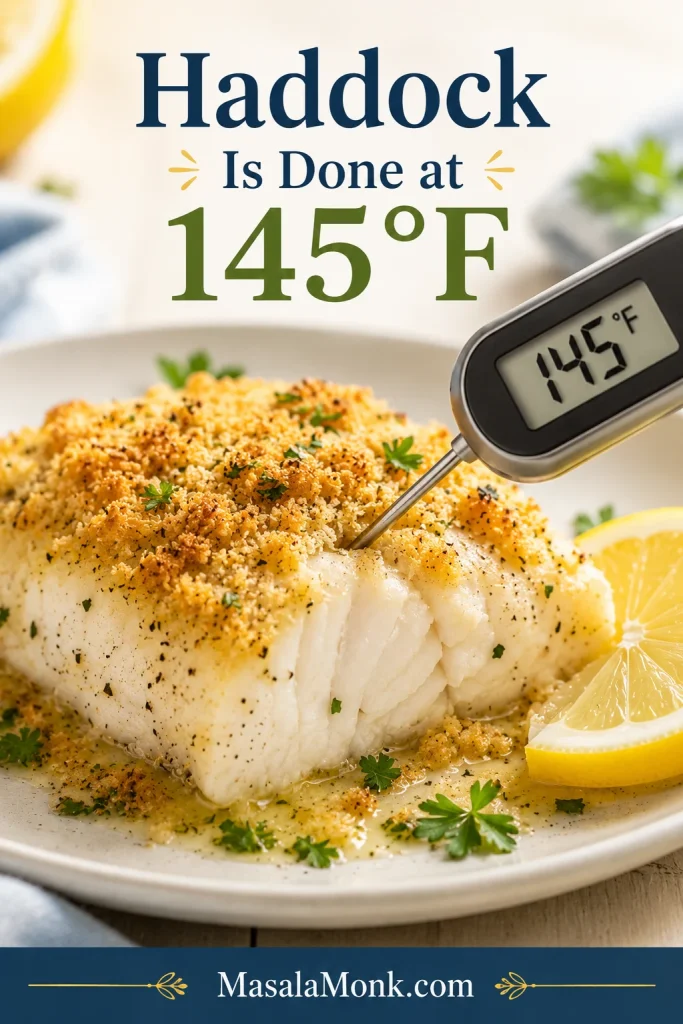 Instant-read thermometer inserted into baked haddock, showing doneness at 145°F with lemon and parsley nearby.