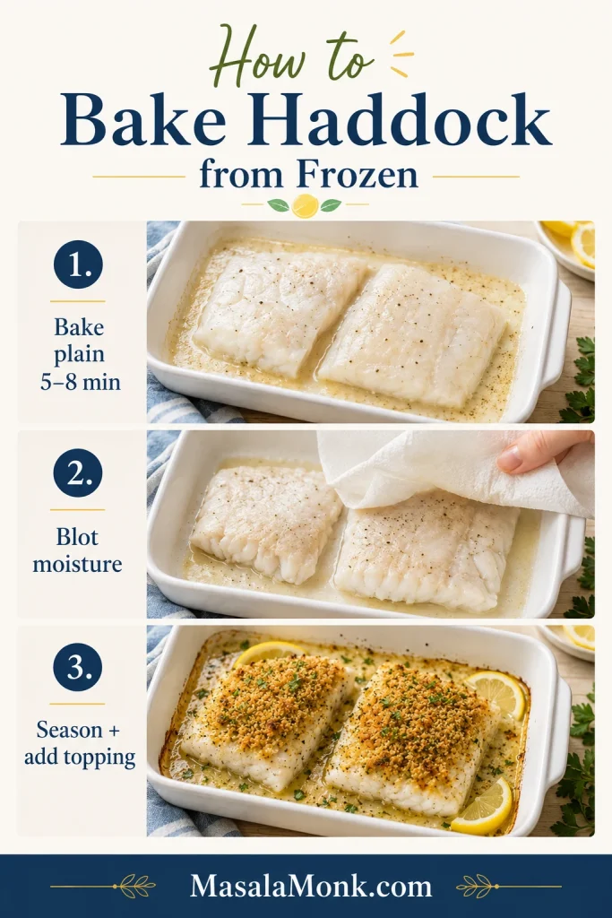 Three-step guide showing how to bake haddock from frozen by baking plain, blotting moisture, then seasoning and adding topping.