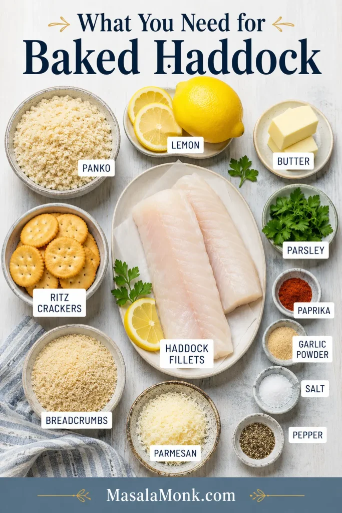 Ingredients for baked haddock arranged overhead, including haddock fillets, lemon, butter, parsley, Ritz crackers, panko, breadcrumbs, Parmesan, and spices.