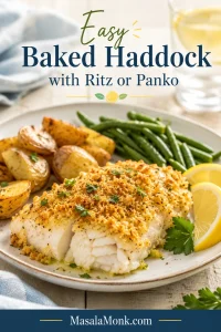Baked haddock fillet with golden crumb topping served with lemon wedges, roasted potatoes, green beans, and tartar sauce.