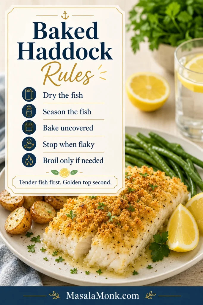 Baked haddock rules card listing dry the fish, season the fish, bake uncovered, stop when flaky, and broil only if needed.