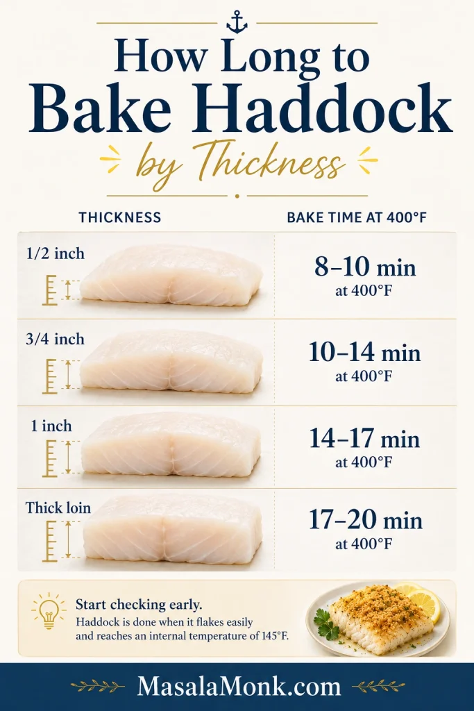 Bake time chart for haddock by thickness, showing 1/2 inch, 3/4 inch, 1 inch, and thick loin timing at 400°F.
