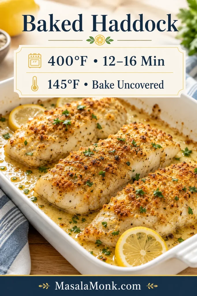 Recipe guide card showing baked haddock timing of 400°F for 12 to 16 minutes and doneness at 145°F.