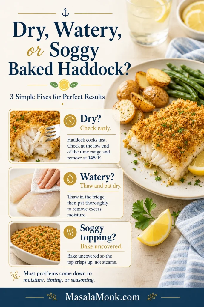 Troubleshooting guide for baked haddock with fixes for dry fish, watery fish, and soggy topping.