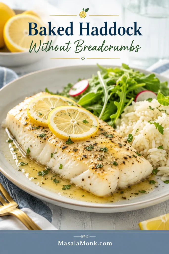 Lemon butter baked haddock without breadcrumbs served with herbs, lemon, and a light side.