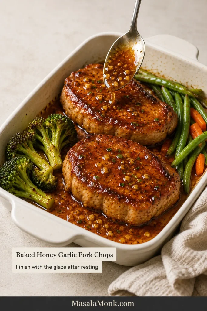 Baked honey garlic pork chops in a pale ceramic dish with vegetables while amber glaze is spooned over the cooked meat.