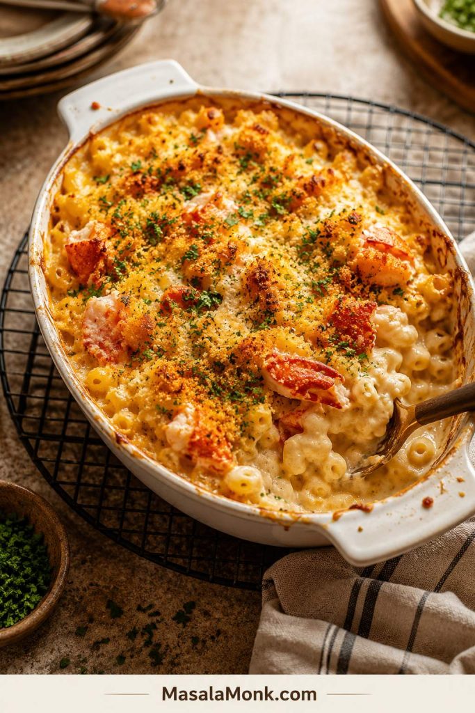 Baked lobster mac and cheese in a white casserole dish with golden breadcrumb topping, herbs, and visible lobster pieces.