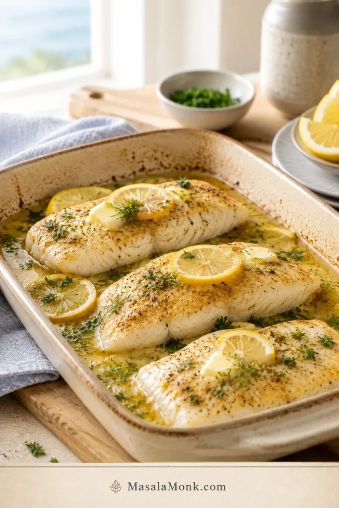 Baked rockfish fillets in a ceramic dish with lemon slices, butter, herbs, and lemony sauce.