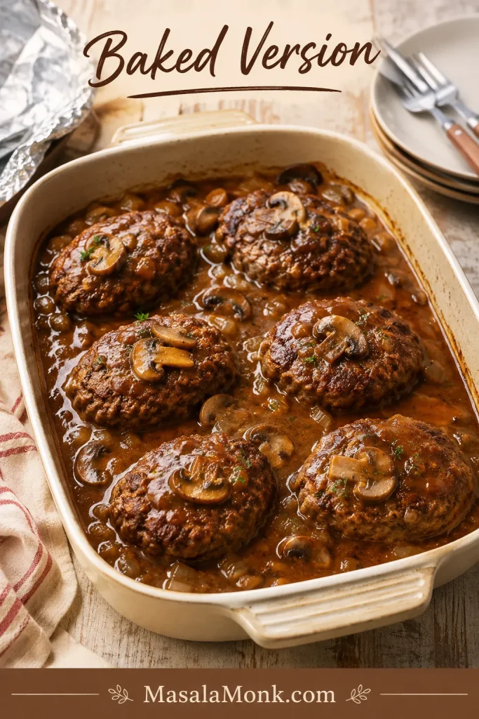 Baked Salisbury steak patties in a dish with brown mushroom gravy.