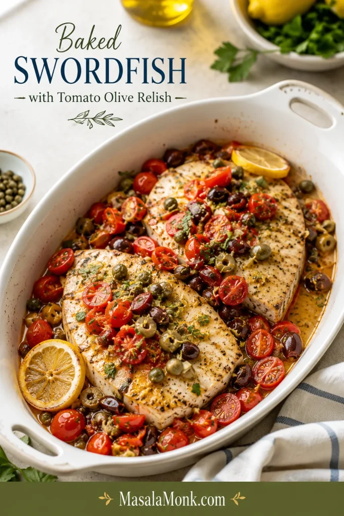 Baked swordfish steaks in a white dish with tomato olive relish, cherry tomatoes, olives, capers, lemon, and herbs.