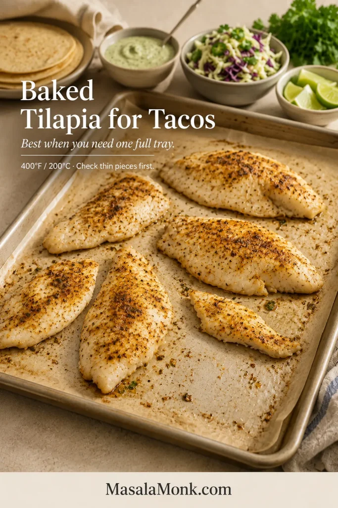 Several seasoned tilapia fillets of different sizes spaced on parchment, with an open area on the tray and tortillas, slaw, sauce and lime in the background.