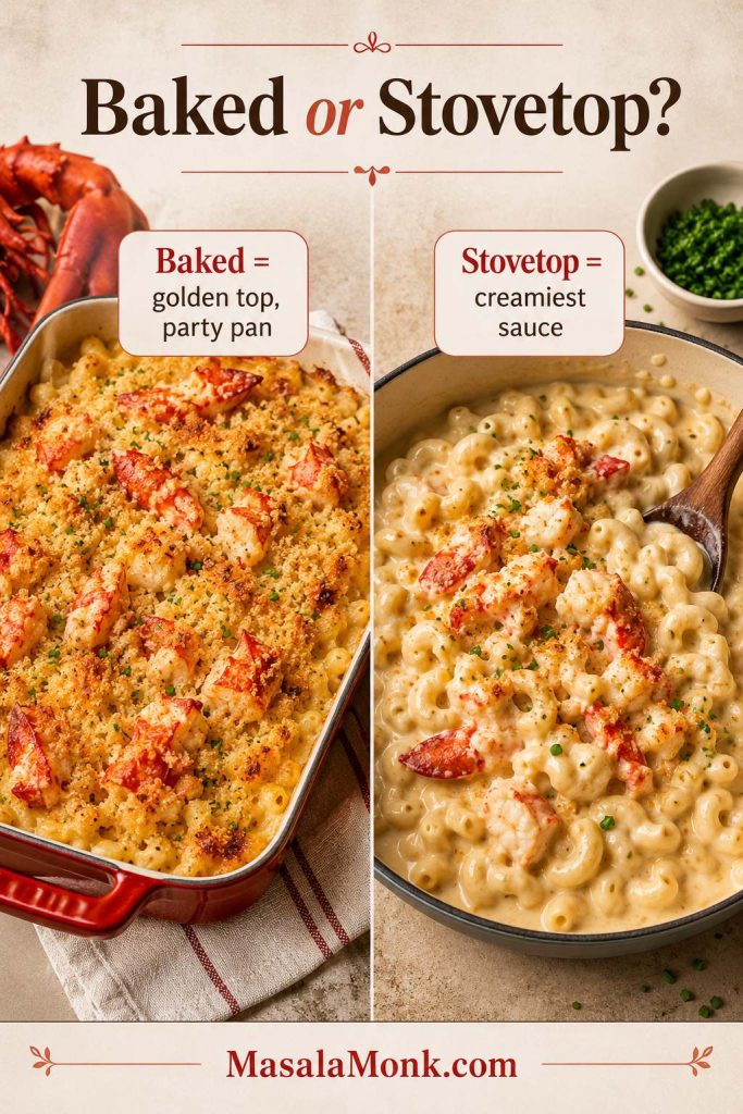 Comparison image showing baked lobster mac and cheese with a golden topping beside a creamier stovetop version.