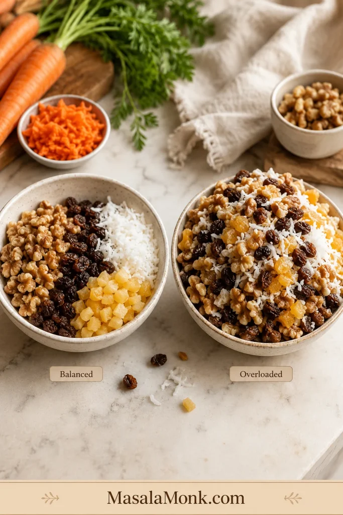 Side-by-side guide comparing a balanced amount of carrot cake add-ins with an overloaded mix of nuts, raisins, coconut, and pineapple.