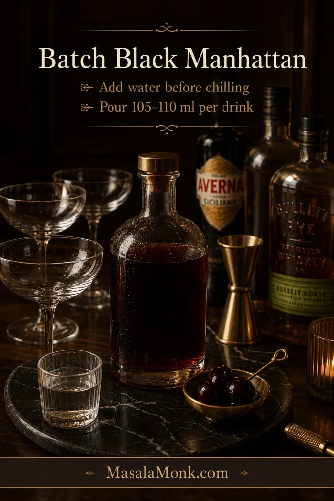 A bottle of batched Black Manhattan on a dark bar with empty coupe glasses, a water glass, cherries, a jigger, rye whiskey, and Averna.