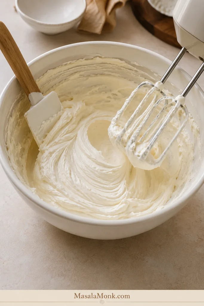 Cream cheese being beaten smooth in a mixing bowl with a spatula and mixer for no-bake pie filling.