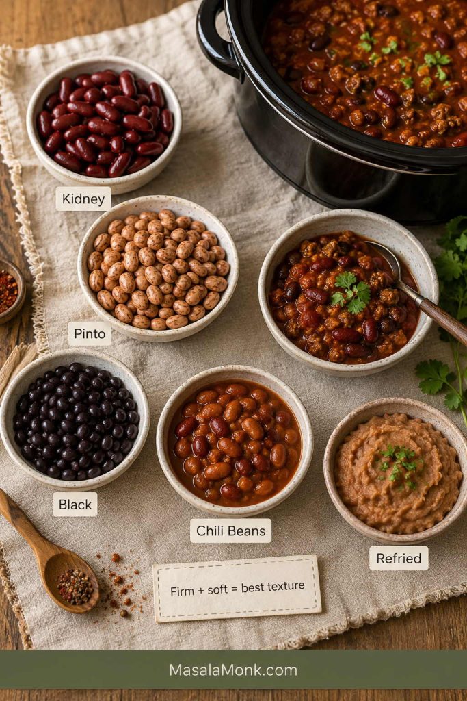 Bowls of kidney beans, pinto beans, black beans, chili beans, and refried beans beside a slow cooker of chili