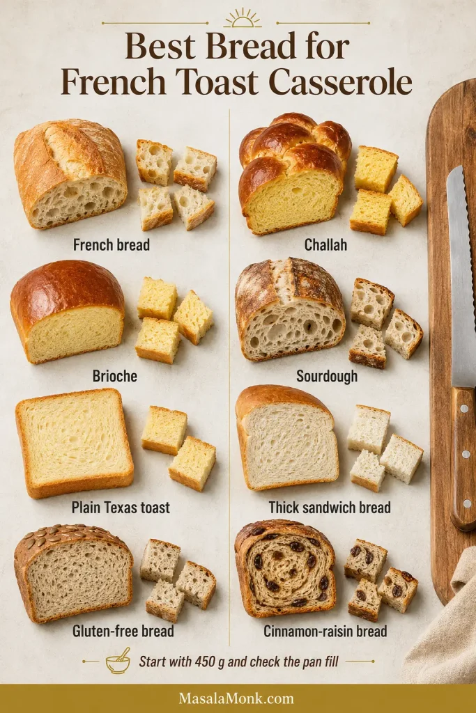 French bread, challah, brioche, sourdough, Texas toast, sandwich bread, gluten-free bread and cinnamon-raisin bread arranged for comparison.