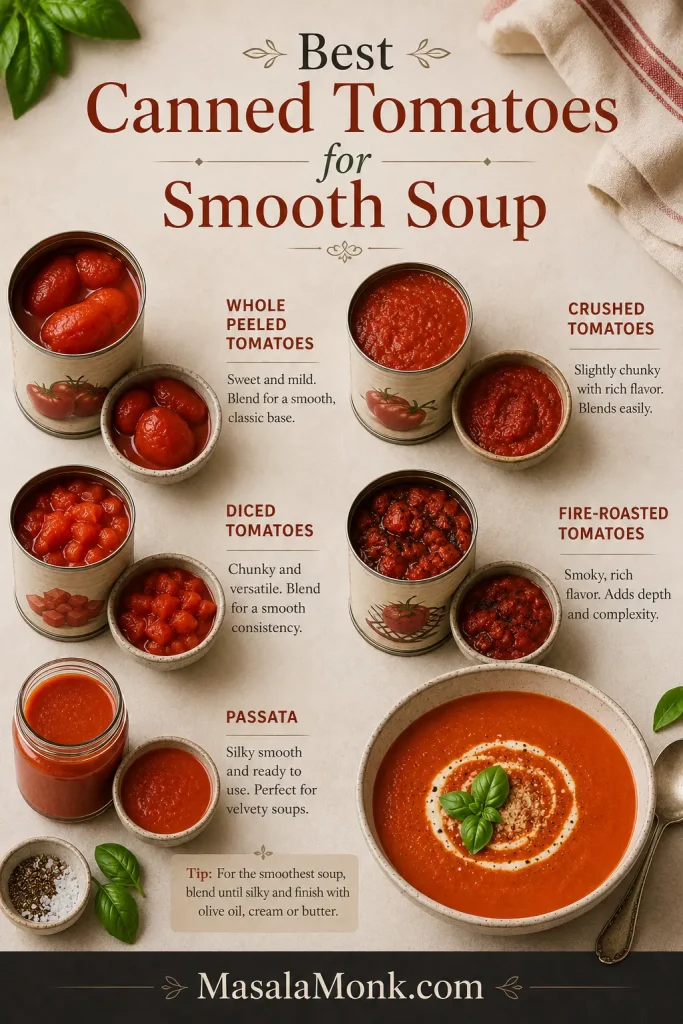 Guide board comparing whole peeled tomatoes, crushed tomatoes, diced tomatoes, fire-roasted tomatoes, and passata for tomato soup.