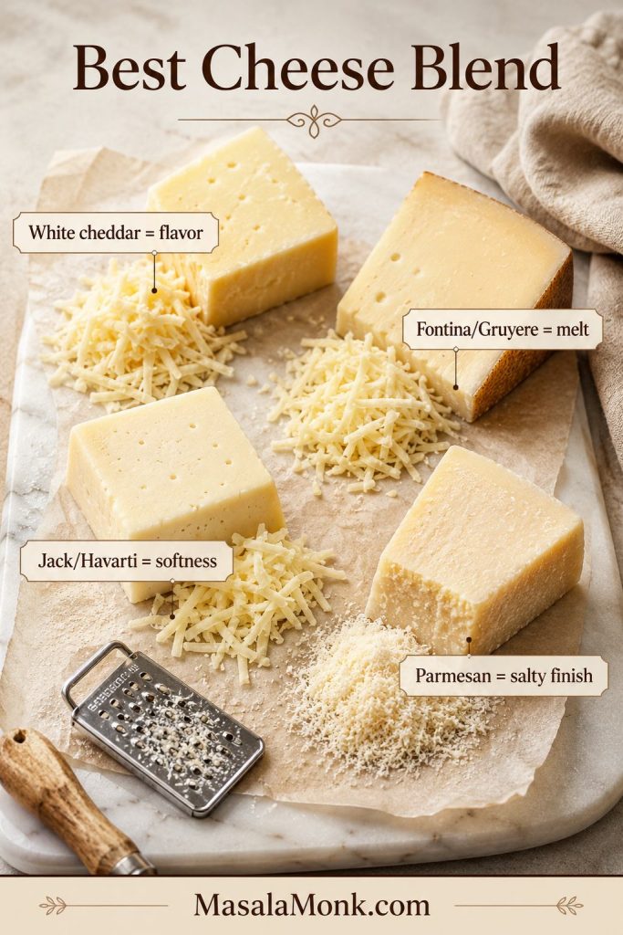 Cheese blend board showing white cheddar, fontina or Gruyere, Monterey Jack or Havarti, and parmesan for lobster mac and cheese.