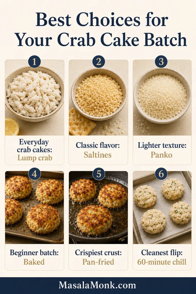 Crab cake decision guide showing best choices for crab, filler, cooking method, and chill time.
