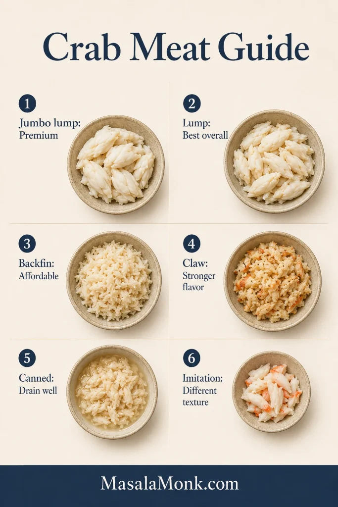 Crab meat guide showing jumbo lump, lump, backfin, claw, canned, and imitation crab.