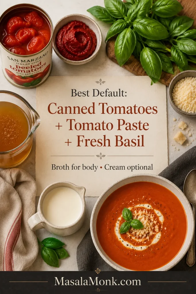 Guide board showing canned tomatoes, tomato paste, broth, fresh basil, optional cream, and a small bowl of tomato basil soup.