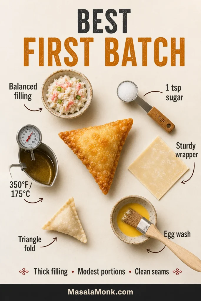 First-batch guide surrounding a finished triangle rangoon with balanced filling, one teaspoon sugar, a sturdy wrapper, egg wash, triangle folding and 350°F frying guidance.