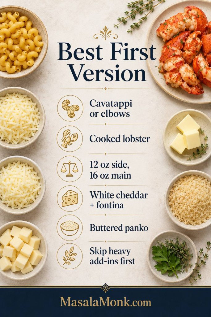 Ingredient guide for a first lobster mac and cheese with pasta, cooked lobster, cheese, butter, panko, herbs, and seasonings.