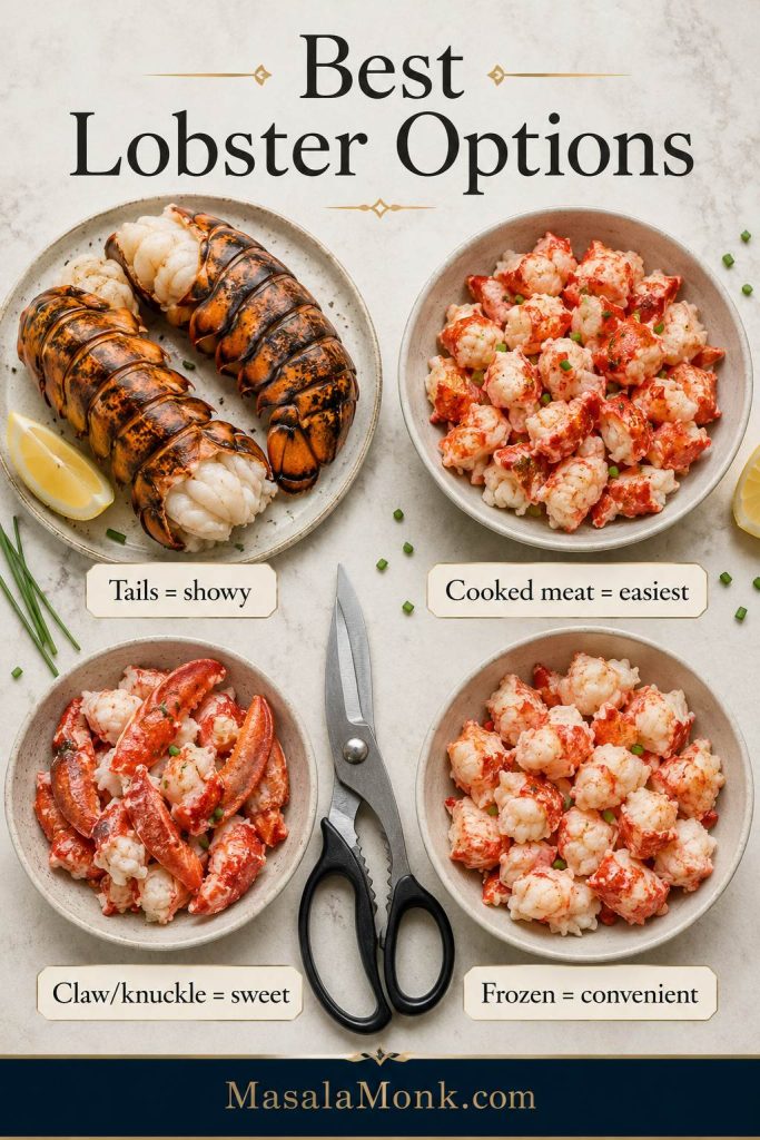 Lobster options board showing lobster tails, cooked lobster meat, claw or knuckle meat, and frozen lobster meat for mac and cheese.