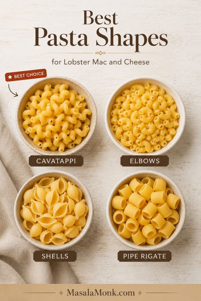 Pasta shape comparison for lobster mac and cheese showing cavatappi, elbows, shells, and pipe rigate.