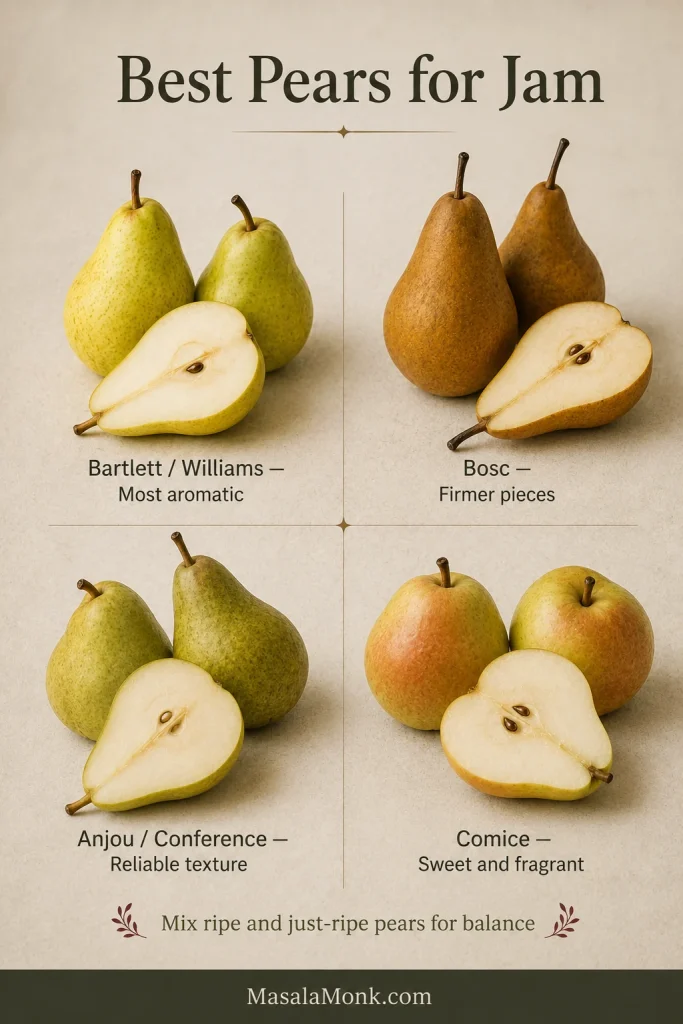 Bartlett, Bosc, Anjou or Conference, and Comice pears shown whole and cut with identifying texture notes.