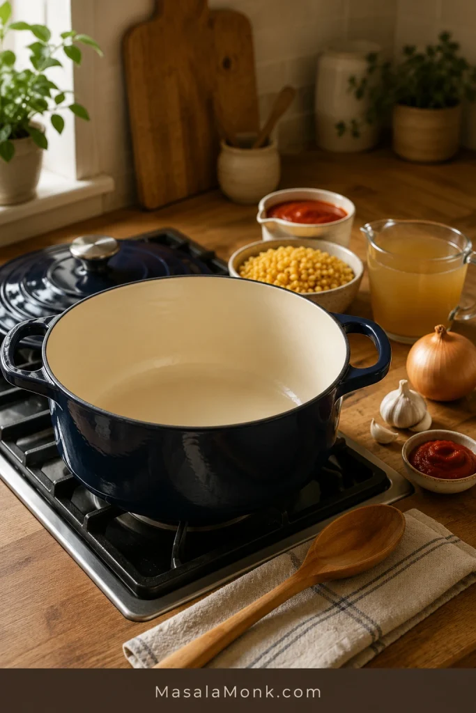 Wide Dutch oven with elbow macaroni, tomato sauce, broth, tomato paste, onion, garlic, and a wooden spoon arranged nearby.