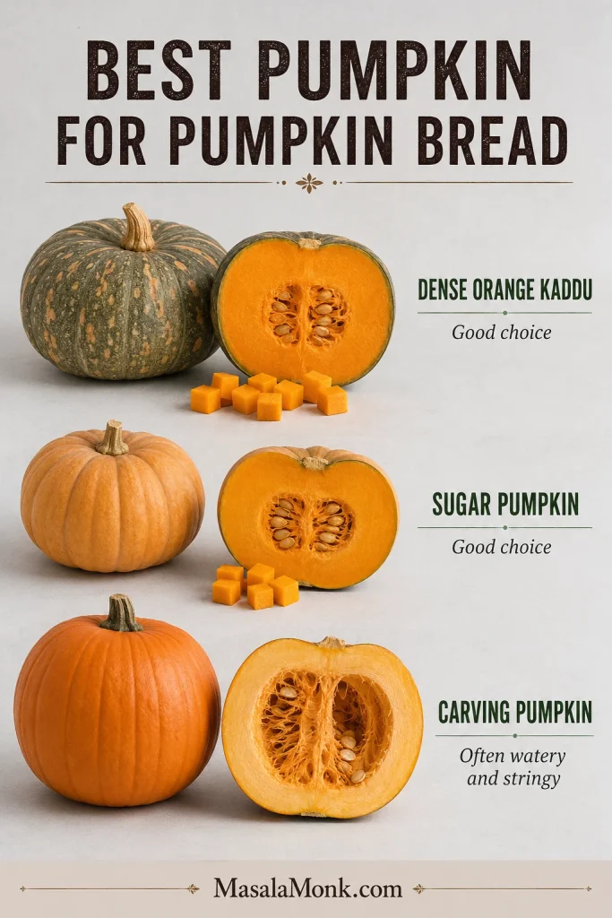 Pumpkin selection guide showing dense orange kaddu, sugar pumpkin and carving pumpkin with cut pieces and labels.