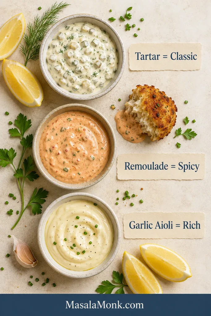 Sauce board showing tartar sauce, remoulade, and garlic aioli with lemon and herbs.