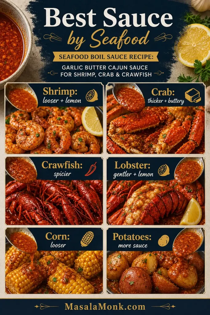Guide showing the best seafood boil sauce texture for shrimp, crab, crawfish, lobster, corn, and potatoes.