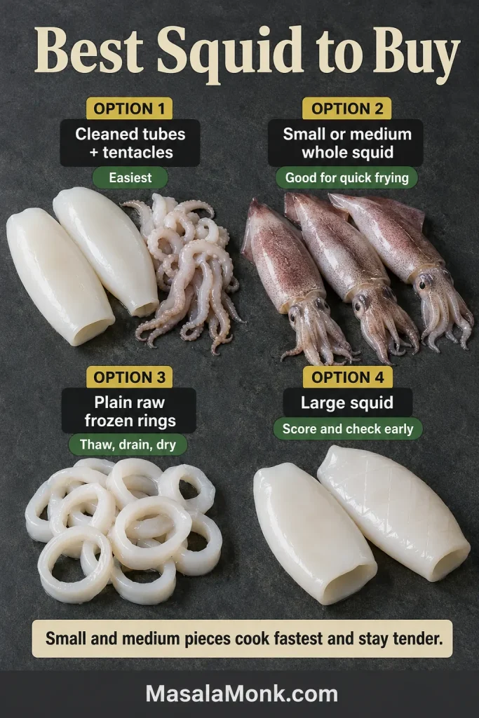 Buying guide with cleaned squid tubes and tentacles, small whole squid, frozen raw rings and larger squid pieces.