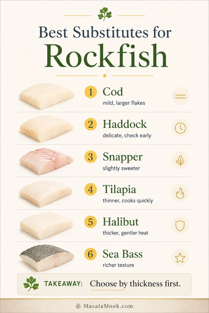 Chart listing cod, haddock, snapper, tilapia, halibut, and sea bass as rockfish substitutes.