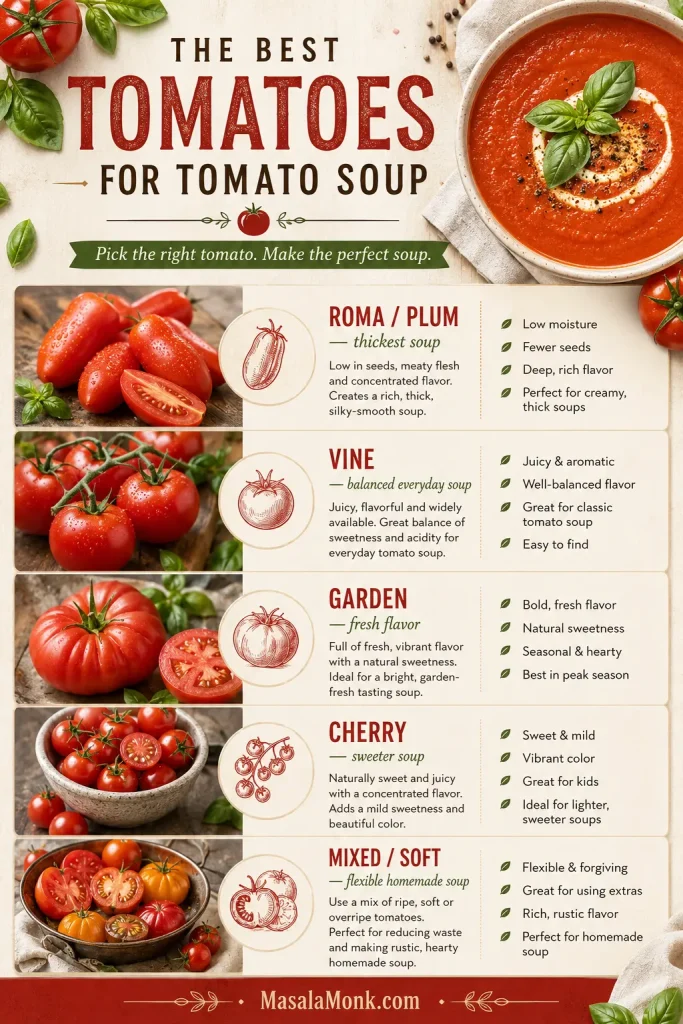 A visual guide showing Roma, vine, garden, cherry, and mixed tomatoes for tomato soup.