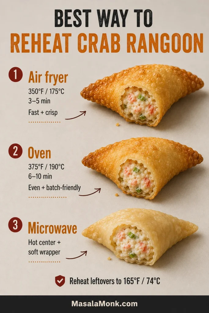 Crab rangoons compared after reheating in an air fryer, oven and microwave, with crisp dry-heat results and a visibly softer microwaved wrapper.